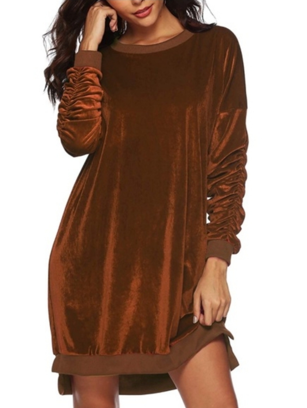 Auxo Copper Velvet Tunic Dress NWT Ruched Sleeve Oversized Soft Lagenlook Sz L